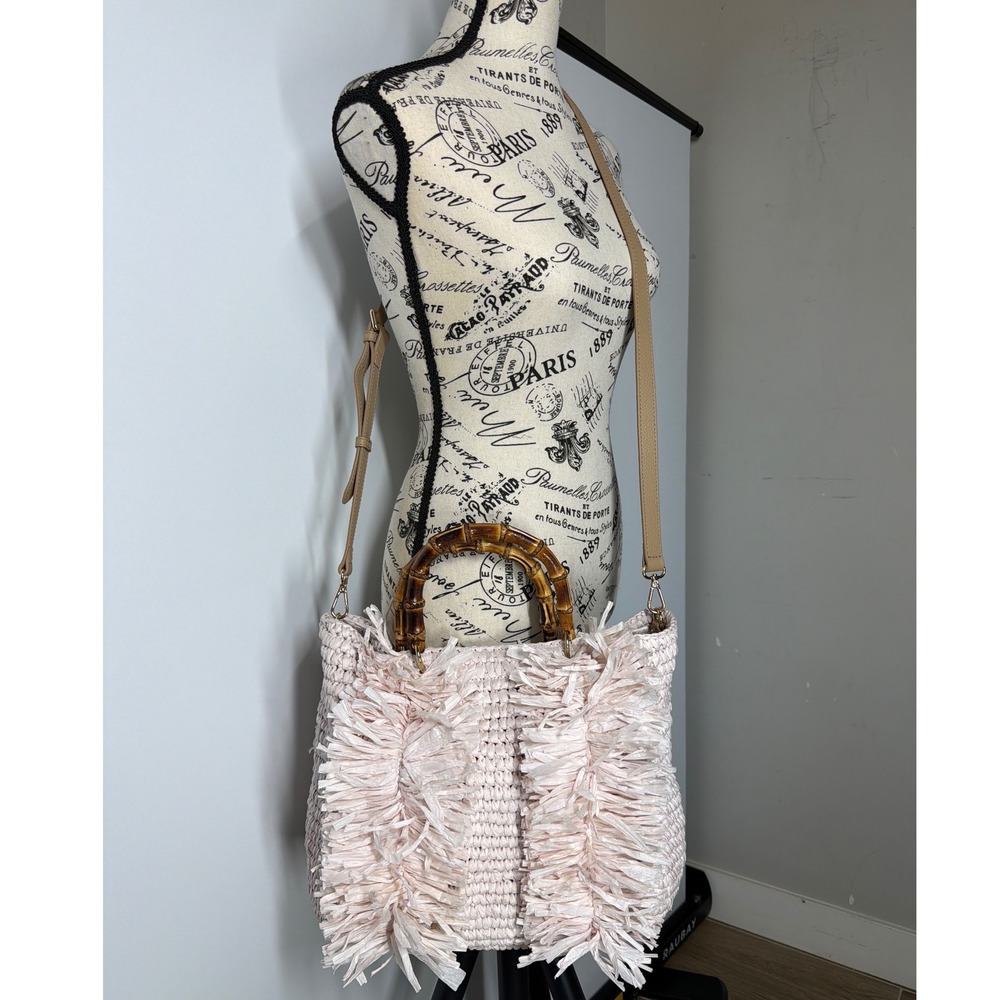 Chicos Pink Raffia Crochet Fringe Bag Bamboo Handle Crossbody Tote - Picture 7 of 15